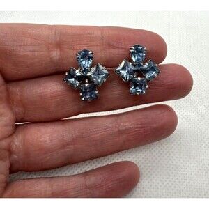 Vintage Rhinestone Light‎ Blue Silver Tone Screw Back Earrings 1960s Retro